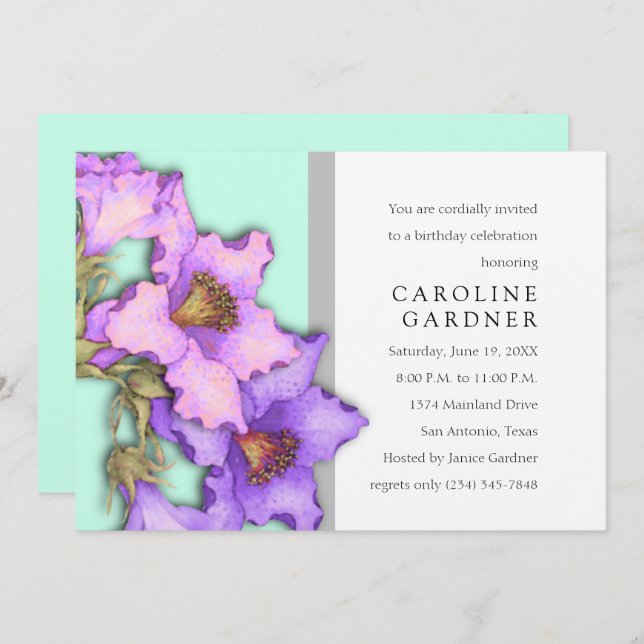 Inbjudan till Lila och Rosa Lillies på födelsedage (Fram/baksida)