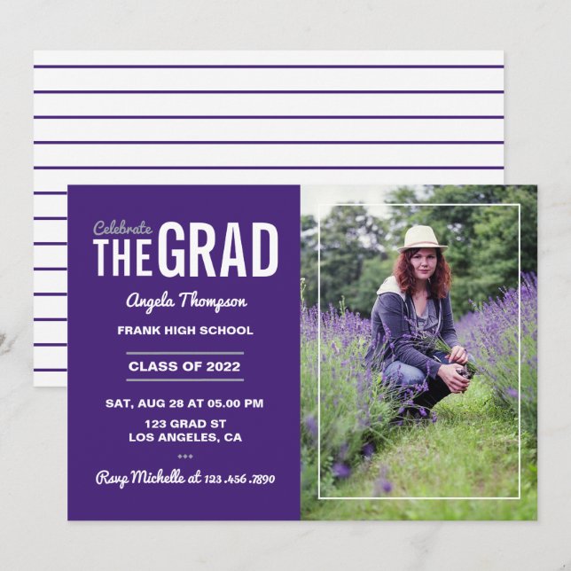 Inbjudan till lila och vit Studentfest (Fram/baksida)