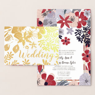 Inbjudan till lila Red Rosa Gold Foil Wedding Folierat Kort
