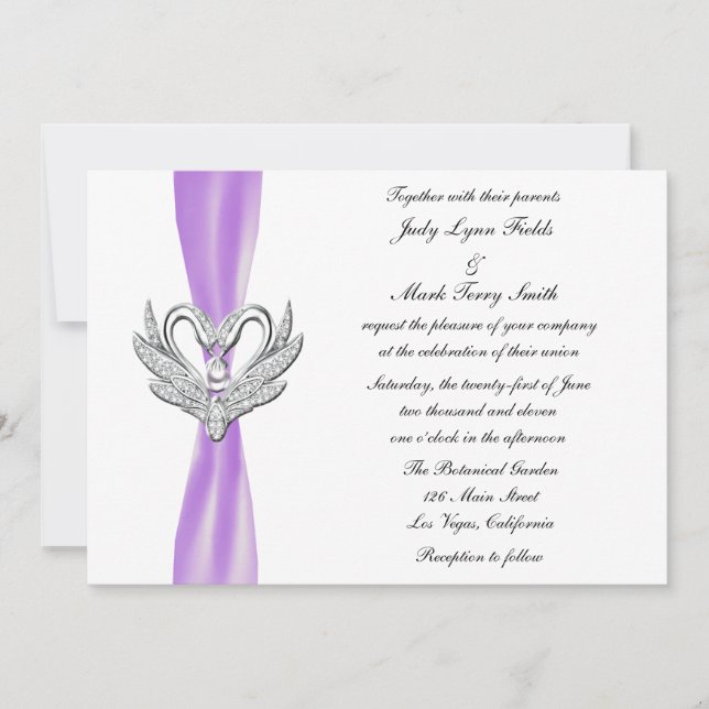 Inbjudan till lila Ribbon Silver Svanar (Framsida)