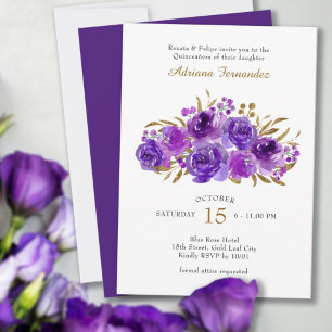 Inbjudan till lila Ro och Guld Löv Quinceanera