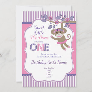 Inbjudan till lila Rosa Sock monkey födelsedag