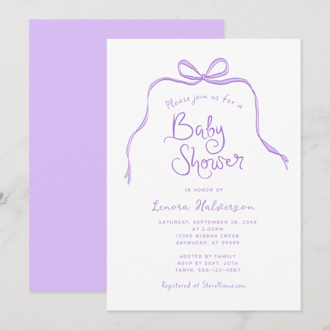 Inbjudan till lila Simple Bow Baby Shower (Fram/baksida)