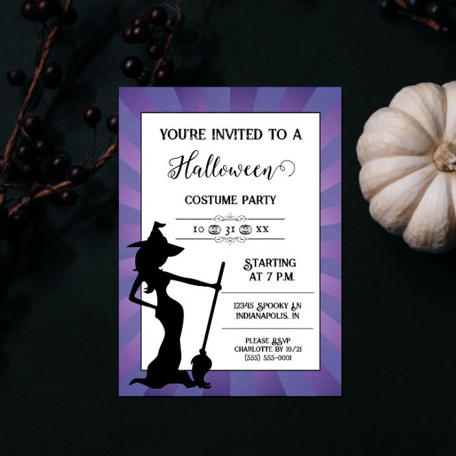 Inbjudan till lila Starburst Witch Halloween fest (Purple Starburst Witch Halloween Party Invite)