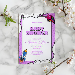 Inbjudan till lila Tecknad Baby Shower