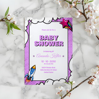 Inbjudan till lila Tecknad Baby Shower