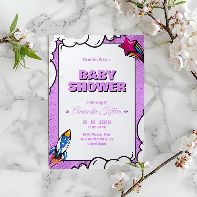 Inbjudan till lila Tecknad Baby Shower (Skapare uppladdad)