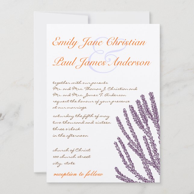 Inbjudan till lila Vild Flower & Coral Font Weddin (Framsida)