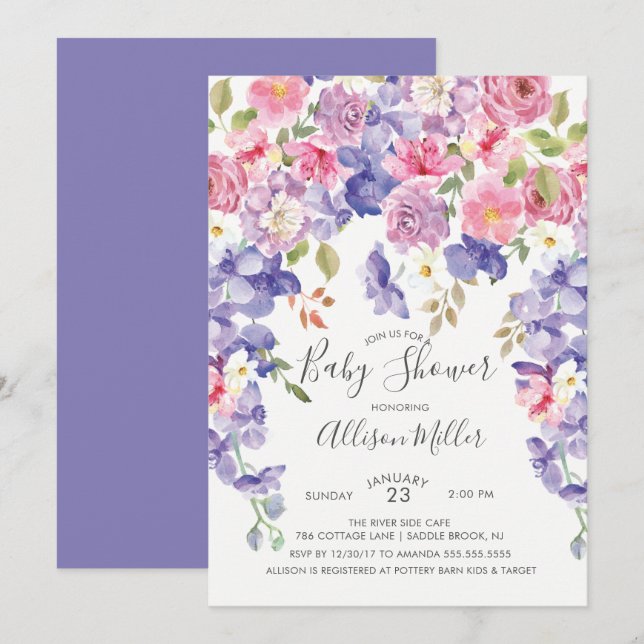 Inbjudan till lila Violet Blommigt Baby Shower (Fram/baksida)