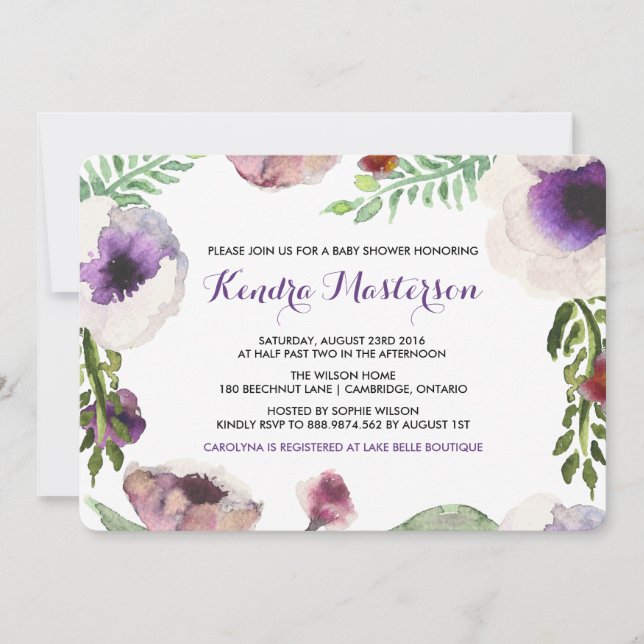 Inbjudan till lila Watercolor Anemone Baby Shower (Framsida)