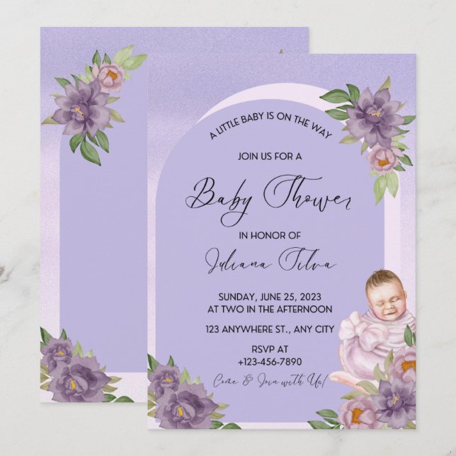 Inbjudan till lila Watercolor Baby Shower (Fram/baksida)