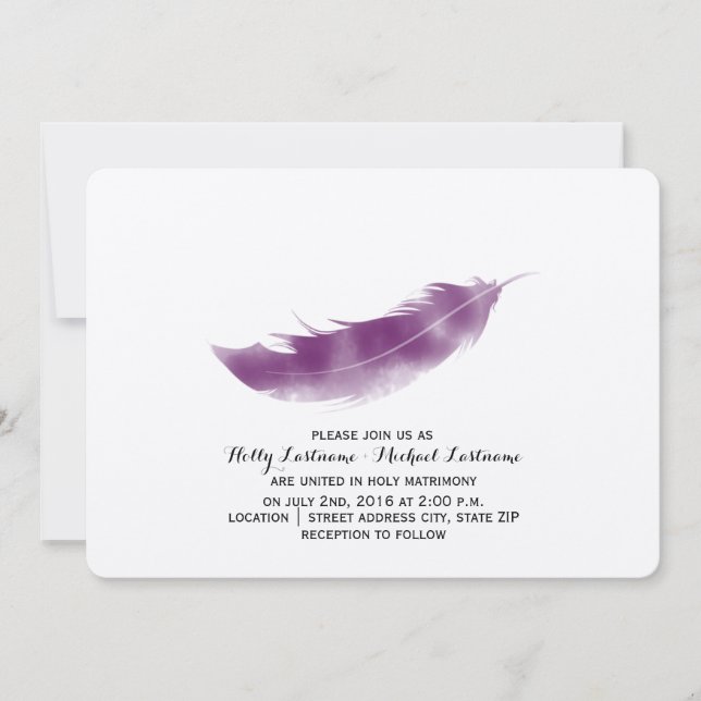 Inbjudan till lila Watercolor Feather Wedding (Framsida)