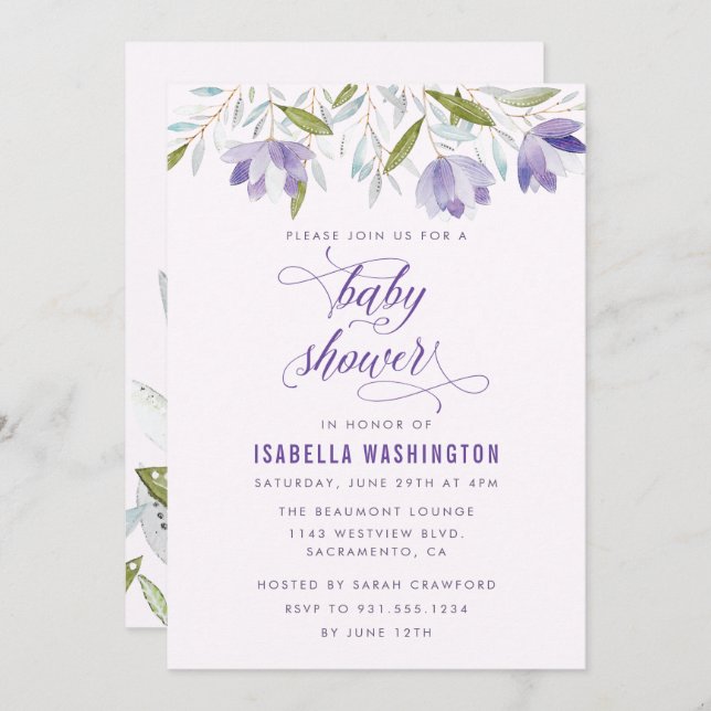 Inbjudan till lila Watercolor Flowers Baby Shower (Fram/baksida)
