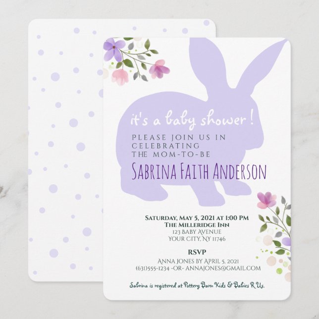 Inbjudan till Lilac Blommigt Bunny Baby Shower (Fram/baksida)