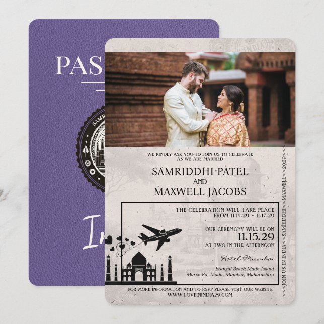 Inbjudan till Lilac Lila India Passport Wedding (Fram/baksida)