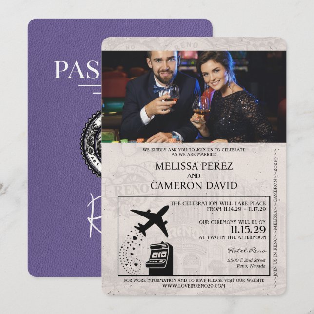 Inbjudan till Lilac Lila Reno Passport Wedding (Fram/baksida)