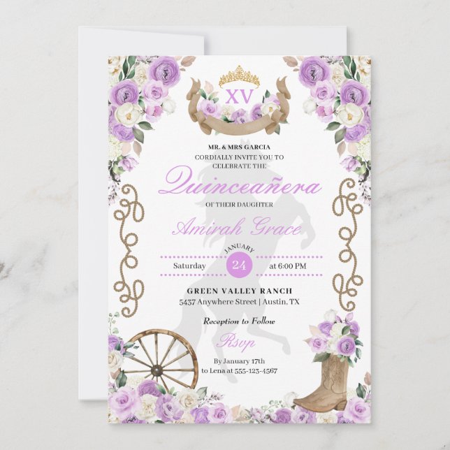Inbjudan till Lilac Western Cowgirl Quinceañera (Framsida)