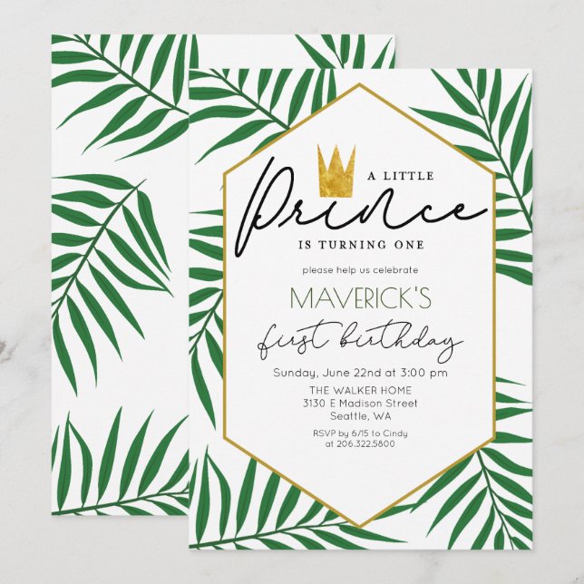 Inbjudan till lilla prinsen Krona Löv på födelseda (Fram/baksida)