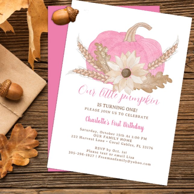 Inbjudan till lilla pumpans första födelsedag i ro (Pink pumpkin fall birthday party invitation)