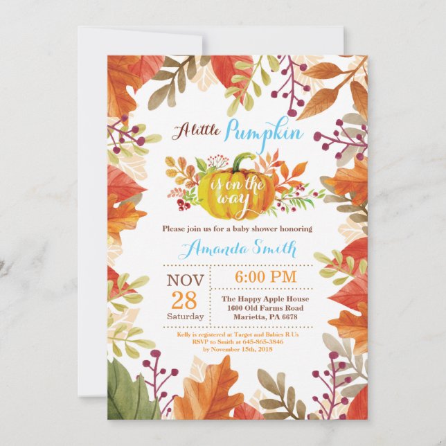 Inbjudan till lilla Pumpkin Fall Boy Baby Shower (Framsida)
