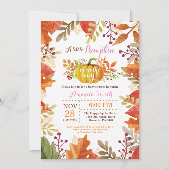 Inbjudan till lilla Pumpkin Fall Girl Baby Shower (Framsida)