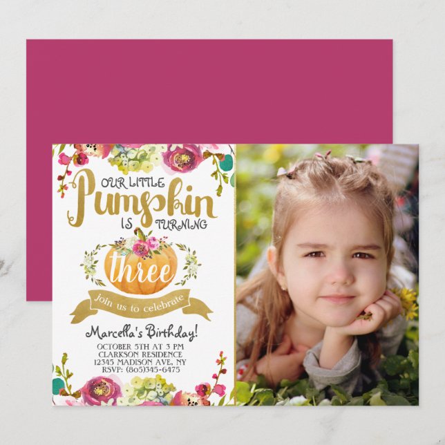 Inbjudan till lilla Pumpkin på tredje födelsedagen (Fram/baksida)