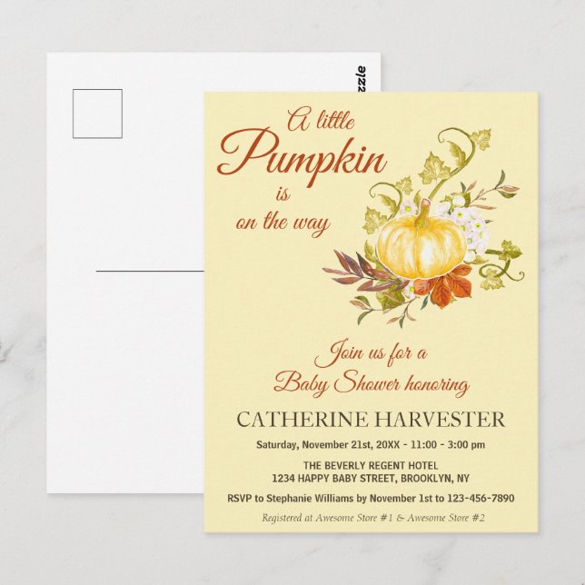 Inbjudan till lilla Pumpkin Rustic Fall Baby Showe (Fram/baksida)
