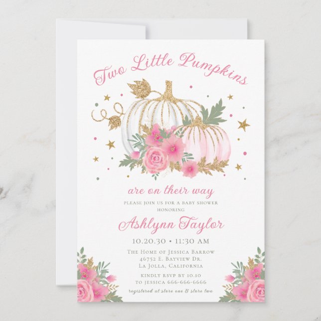 Inbjudan till lilla Pumpkin Twin Girl Baby Shower (Framsida)