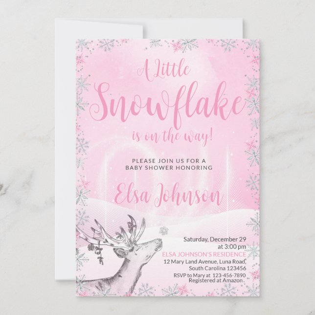 Inbjudan till lilla Rosa Snowflake Girl Baby Showe (Framsida)