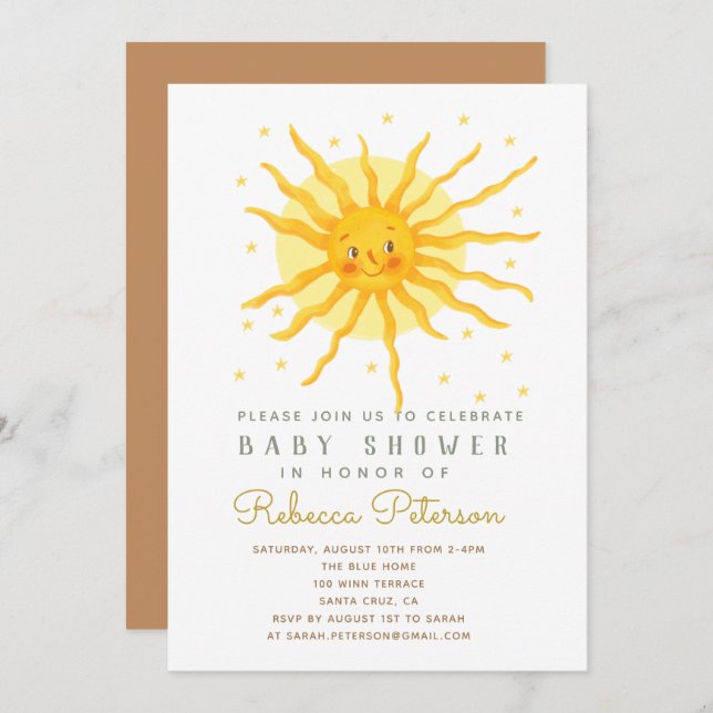 Inbjudan till lilla Sol Baby Shower (Fram/baksida)