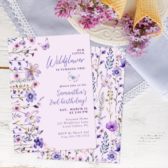 Inbjudan till lilla Wildblomman 2:a födelsedagspar (Purple Wildflower Birthday)