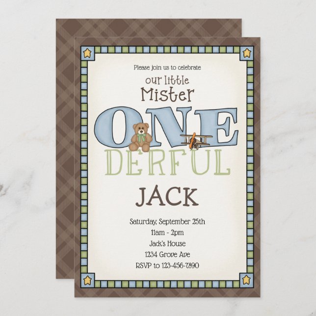 Inbjudan till lillebror ONEunderbar födelsedagsdag (Fram/baksida)