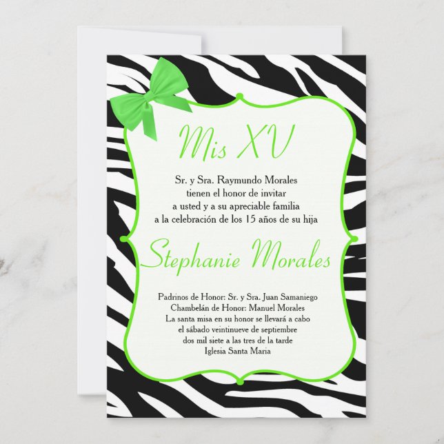 Inbjudan till Lime Green Bow och Zebra Quinceanera (Framsida)