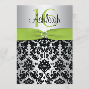 Inbjudan till Lime, Silver och Black Damask Sweet