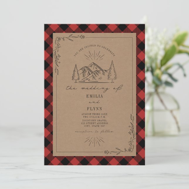 Inbjudan till Line Art Buffalo Play Mountain Weddi (Stående Fram)