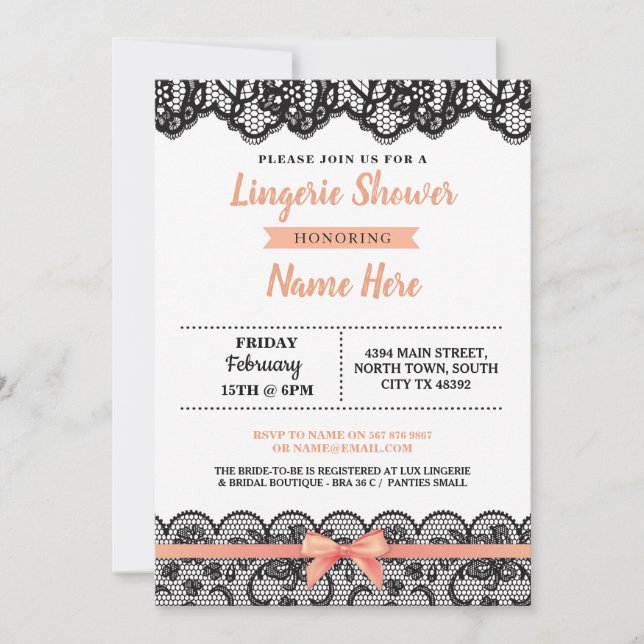 Inbjudan till Lingerie Shower Bow Peach Black Snör (Framsida)