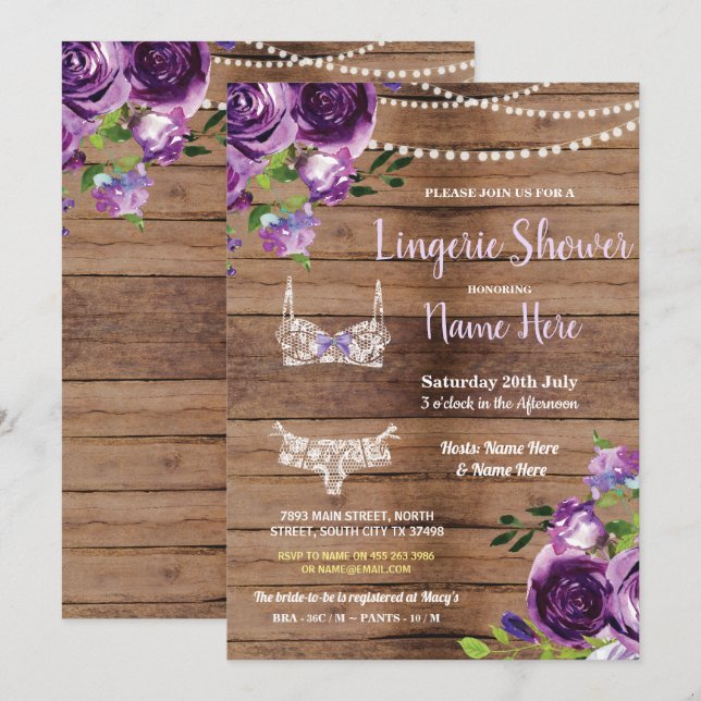 Inbjudan till Lingerie Shower Wood Lila blommor (Fram/baksida)