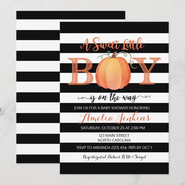 Inbjudan till Little Boy Pumpkin Fall Baby Shower (Fram/baksida)