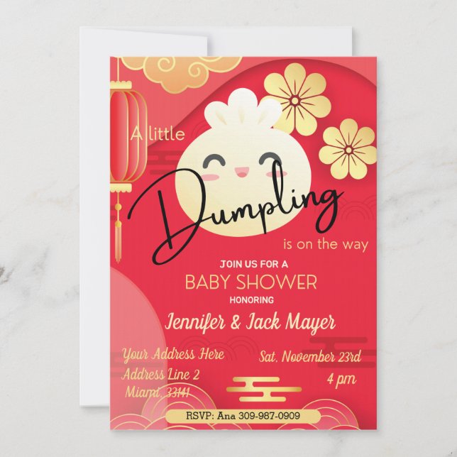 Inbjudan till Little Dumpling Red & Guld Baby Show (Framsida)