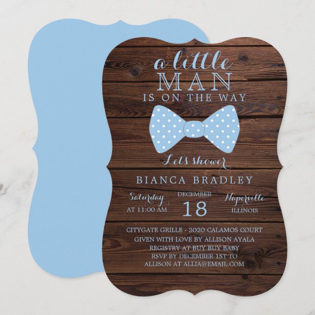 inbjudan till Little Man Baby Shower | Trä Bow Tie (Fram/baksida)