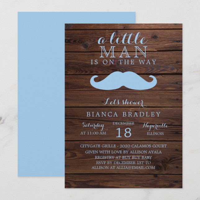 inbjudan till Little Man Baby Shower | Wood Mustac (Fram/baksida)