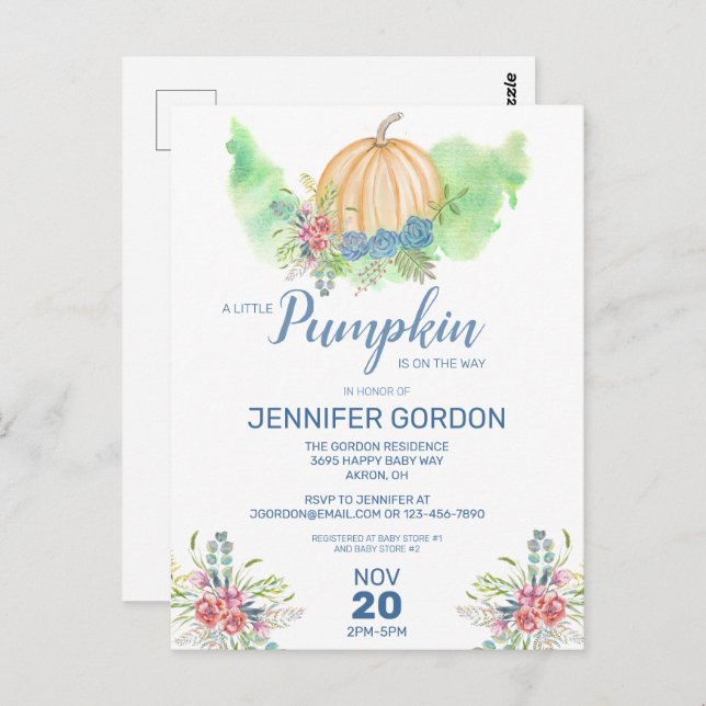 Inbjudan till Little Pumpkin Blue Blommigt Baby Sh (Fram/baksida)