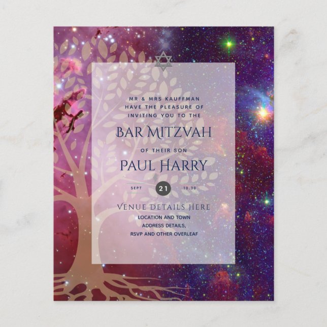 Inbjudan till Livets träd Galaxy Blue PUB MITZVAH Flygblad (Framsidan)