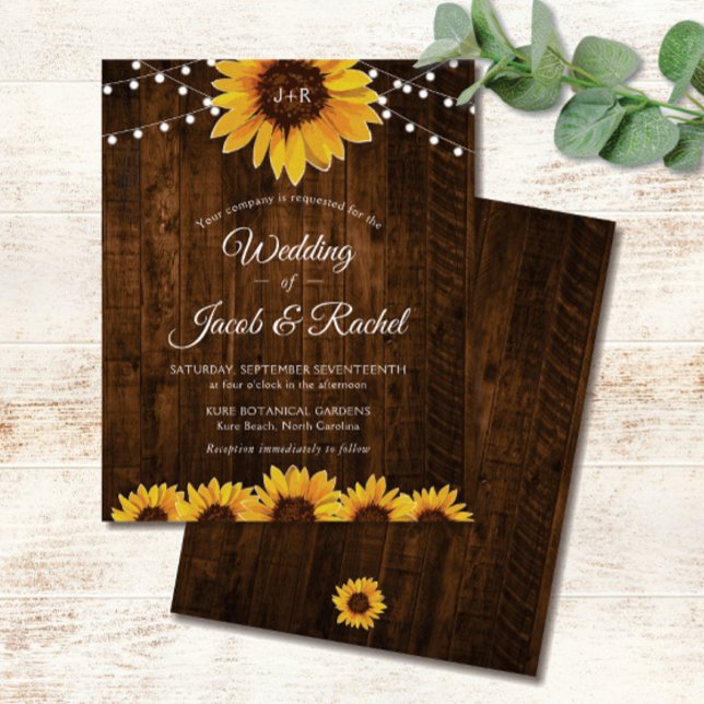 Inbjudan till Ljus-bröllop med rustiska solrossträ (Rustic Sunflower String Lights Wedding Invitation)