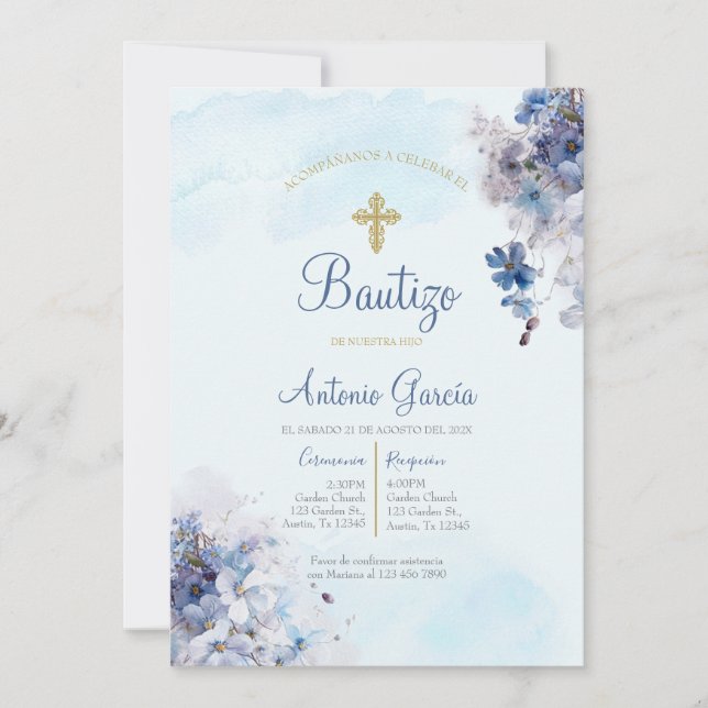 Inbjudan till ljusblå pojke-baptism (Framsida)