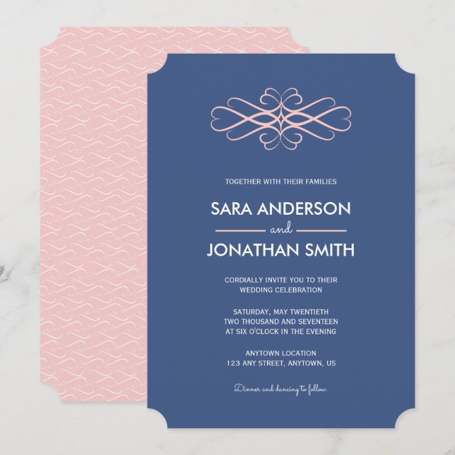 Inbjudan till ljust rosa och Denim Blue Wedding (Fram/baksida)