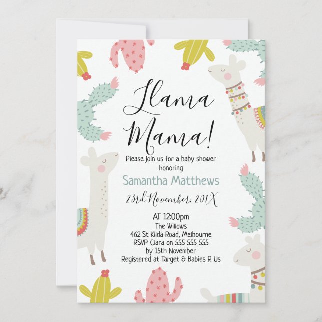 Inbjudan till Llama Baby Shower (Framsida)