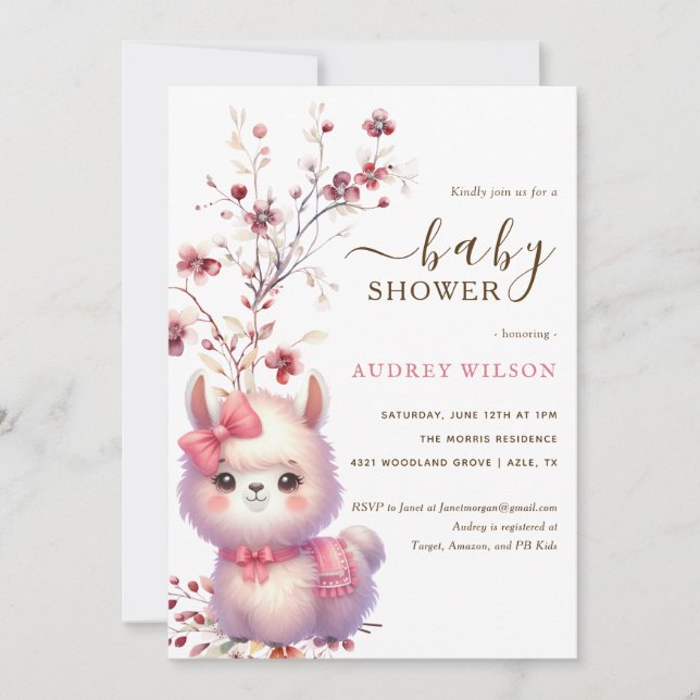 Inbjudan till Llama Baby Shower (Framsida)