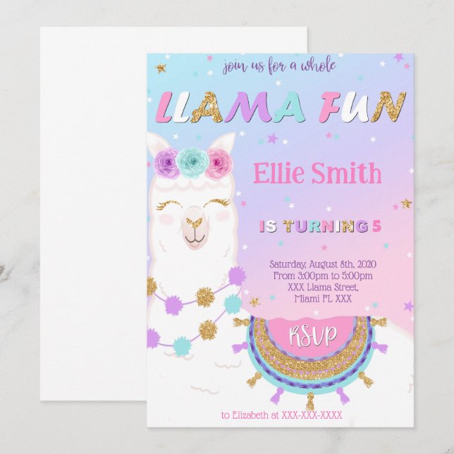 Inbjudan till Llama Birthday (Fram/baksida)
