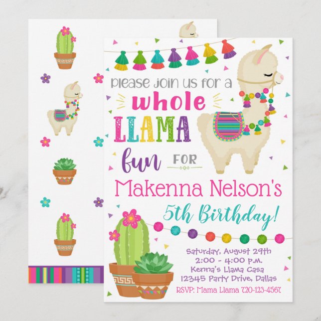 Inbjudan till Llama Birthday Llama Party (Fram/baksida)